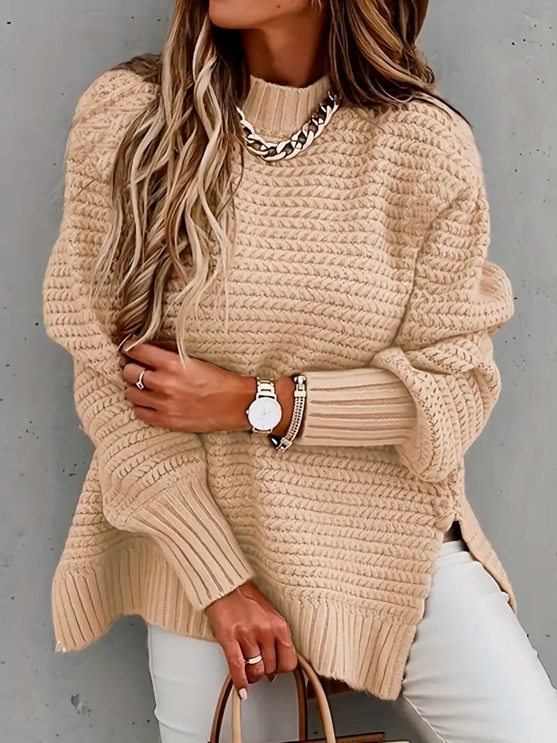 Plus Size Knitted Long Sleeve Mock Neck Medium Stretch Sweater