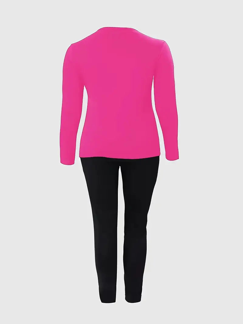 Plus Size Long Sleeve Round Neck Top And Leggings Outfits Two Piece Set