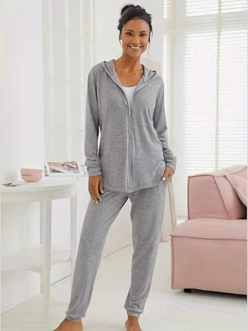 Plus Size Long Sleeve Hooded Zipper Coat and Pants Outfits Set
