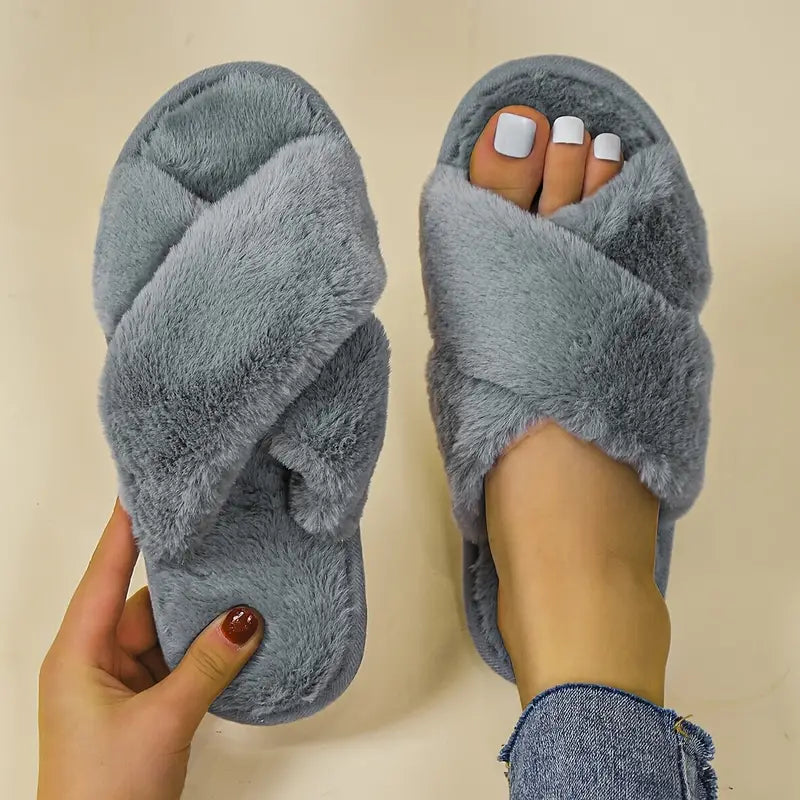 Solid Color Open Toe Cozy Fuzzy Slippers