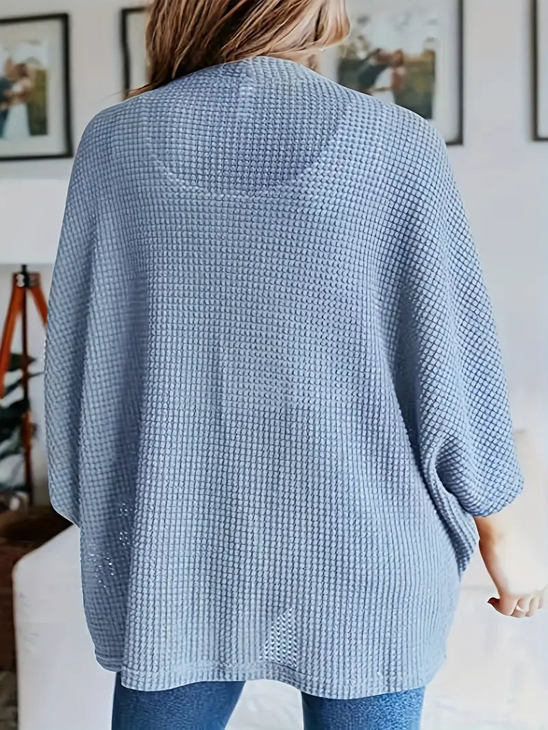 Plus Size Waffle Pattern Bat Sleeve Knit Cardigan