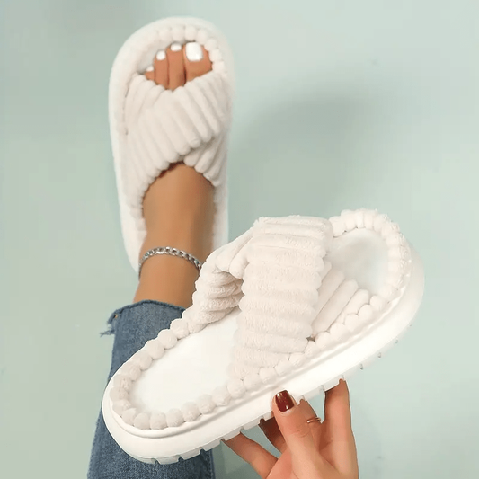 Plush Platform Cross Strap Open Toe And Indoor Anti-slip Slippers