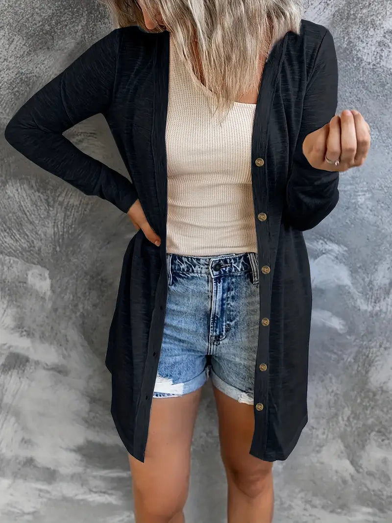 Plus Size Solid Round Neck Long Sleeves Cardigan