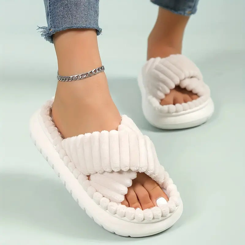 Plush Platform Cross Strap Open Toe And Indoor Anti-slip Slippers