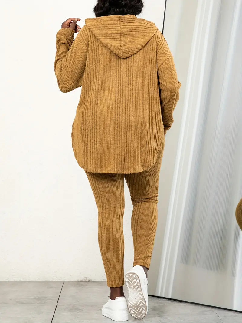 Plus Size Long Sleeve Hooded Top And Leggings Two Pieces Set