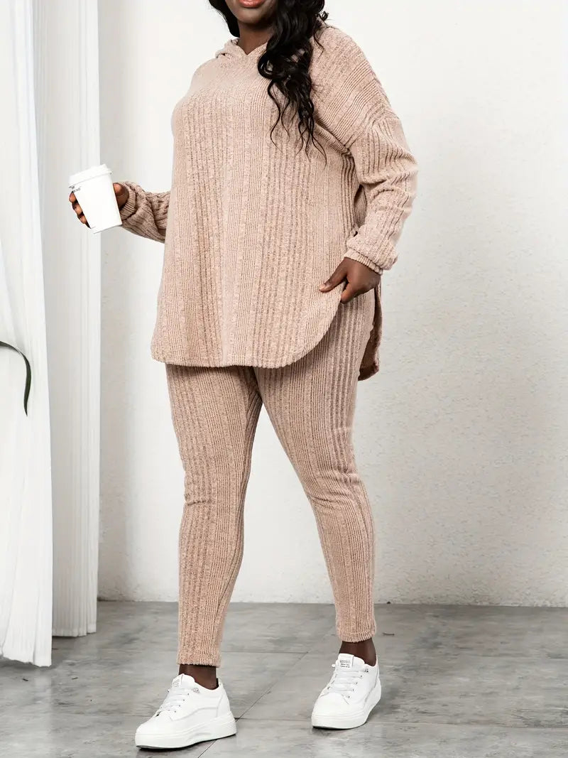 Plus Size Long Sleeve Hooded Top And Leggings Two Pieces Set