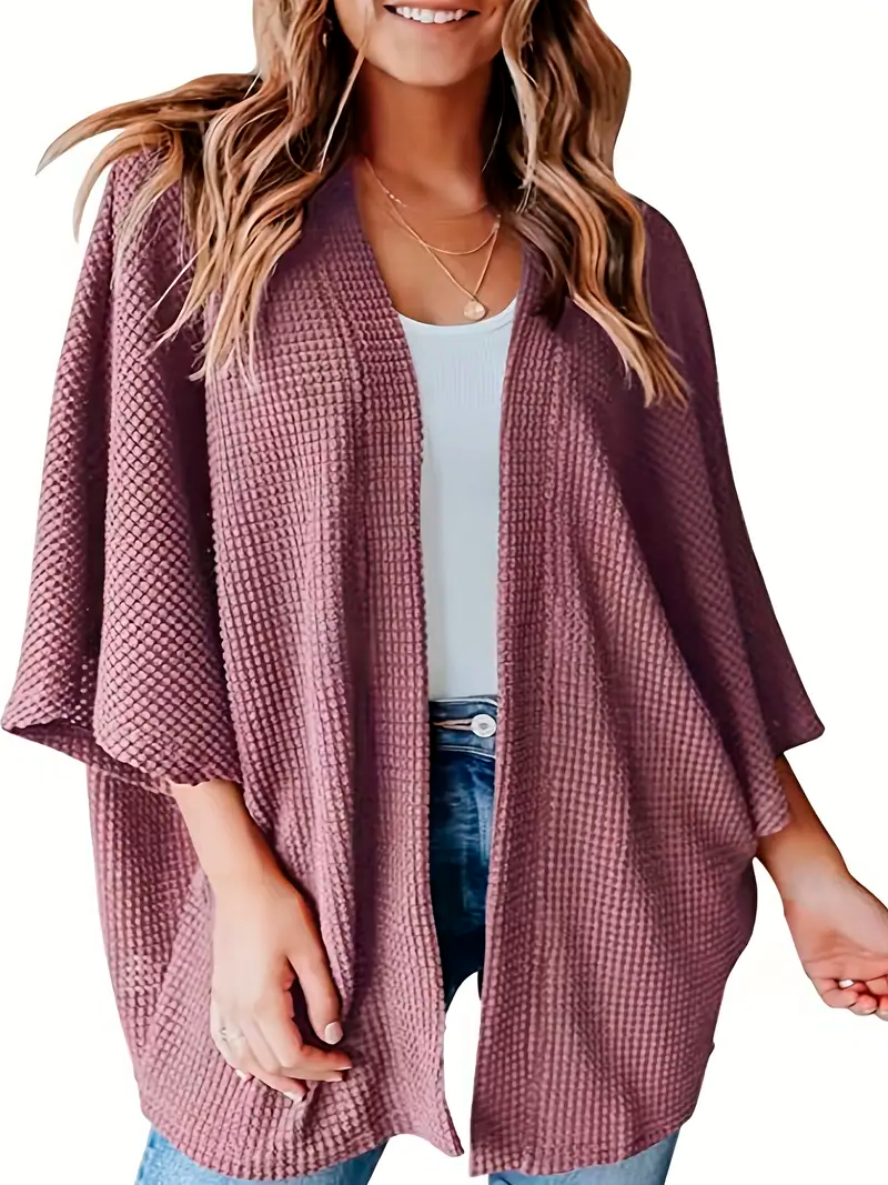 Plus Size Waffle Pattern Bat Sleeve Knit Cardigan