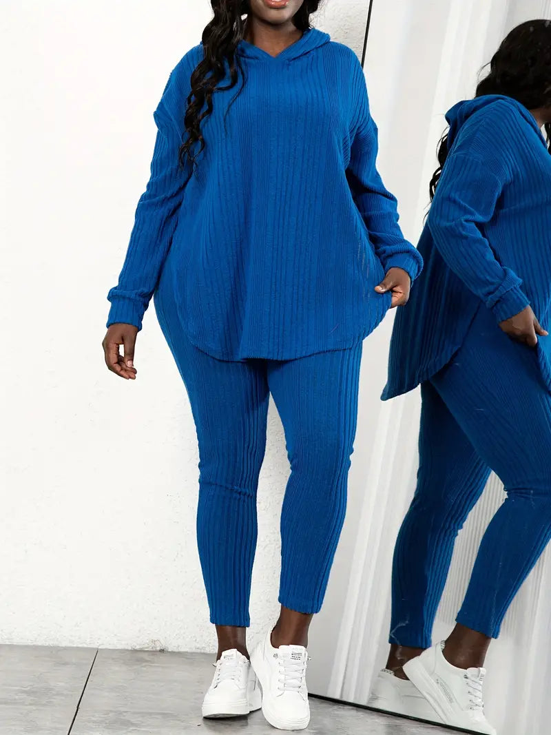 Plus Size Long Sleeve Hooded Top And Leggings Two Pieces Set