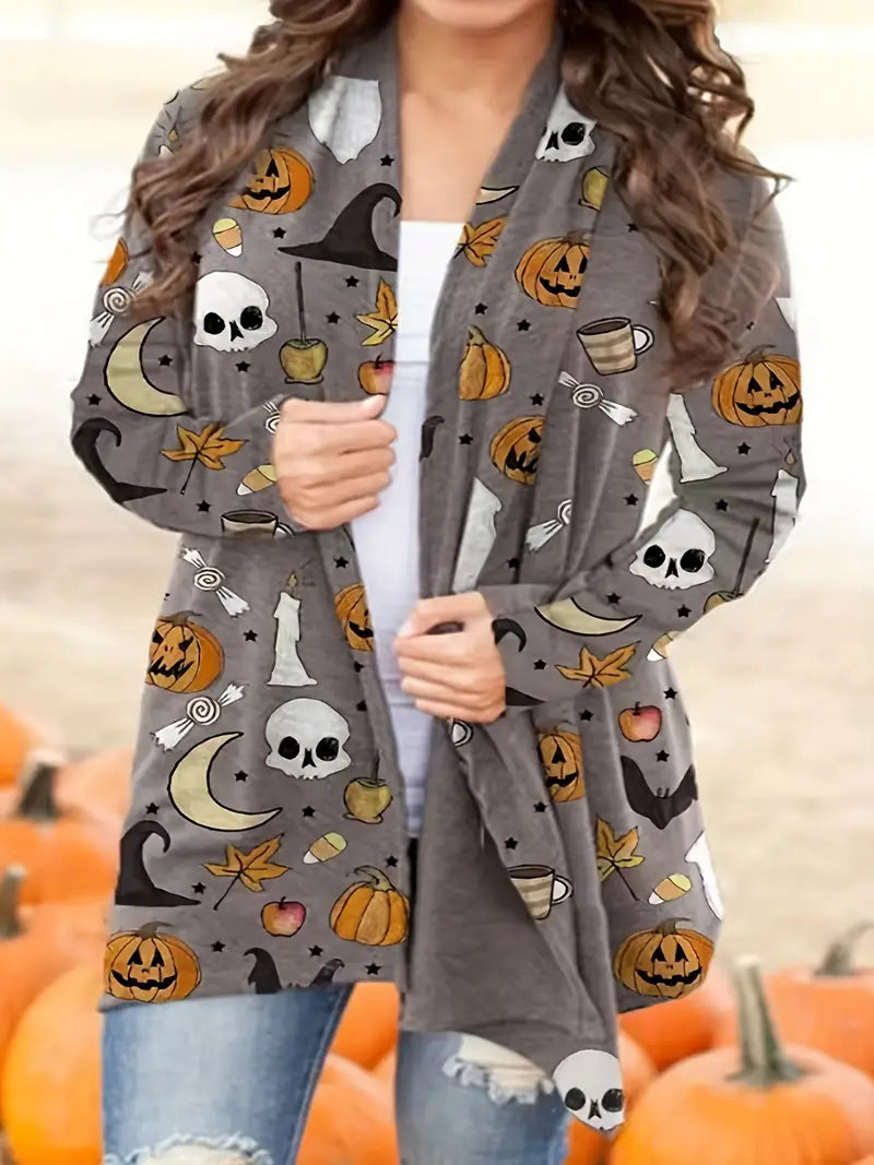 Halloween Plus Size Long Sleeve Open Front Cardigan