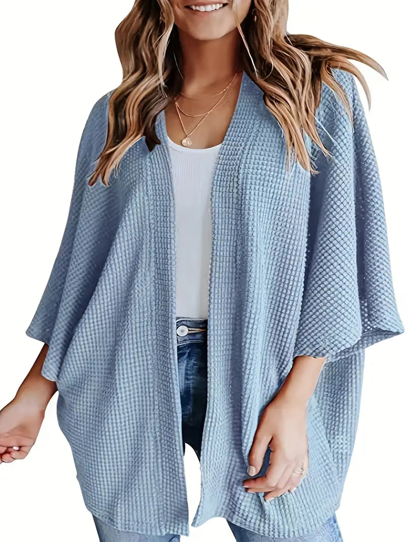 Plus Size Waffle Pattern Bat Sleeve Knit Cardigan