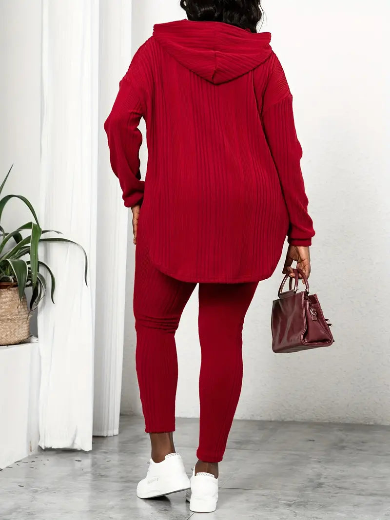 Plus Size Long Sleeve Hooded Top And Leggings Two Pieces Set