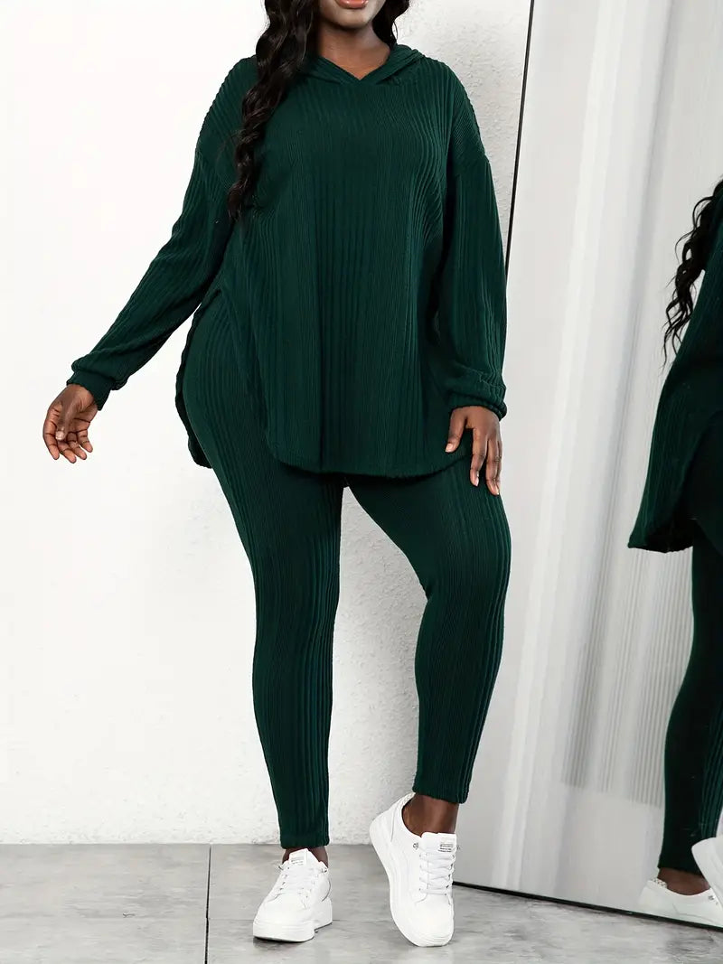 Plus Size Long Sleeve Hooded Top And Leggings Two Pieces Set