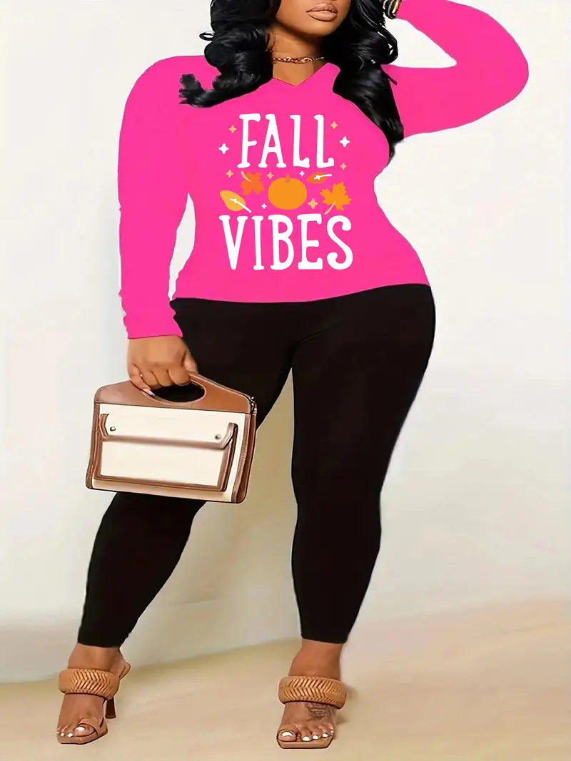 Plus Size Long Sleeve Round Neck Top And Leggings Outfits Two Piece Set