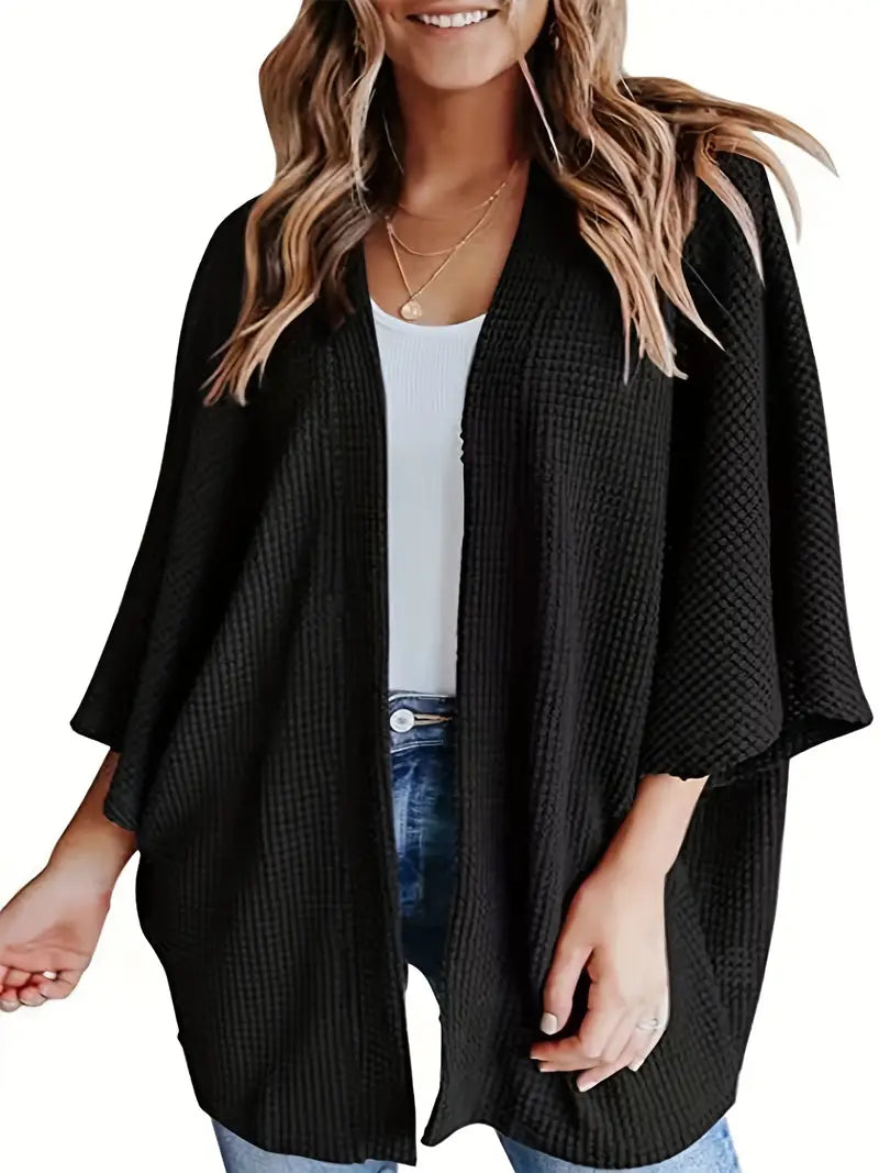 Plus Size Waffle Pattern Bat Sleeve Knit Cardigan