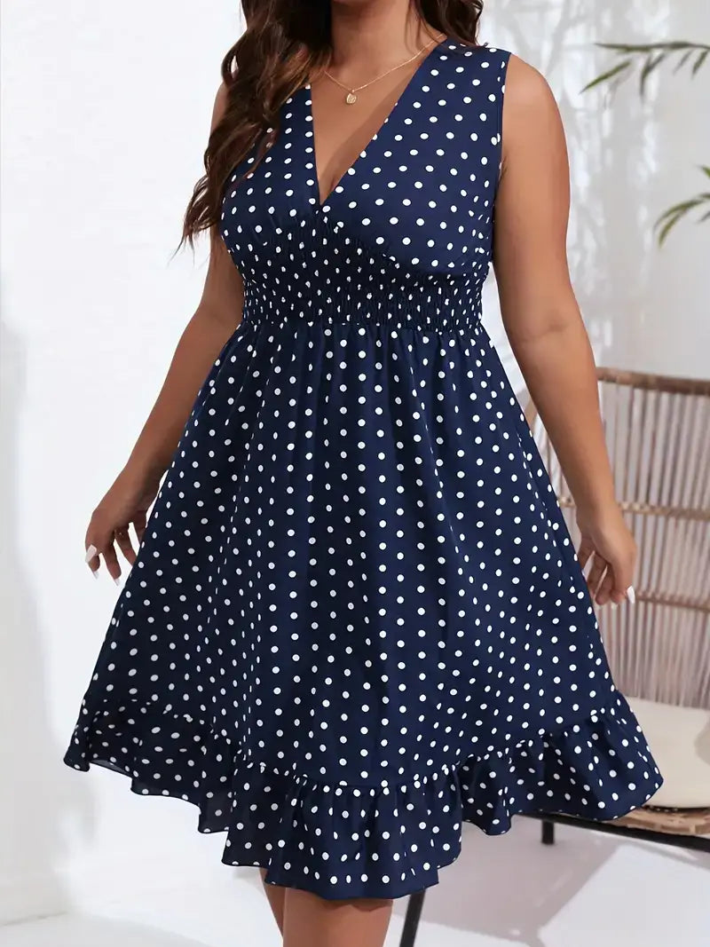 Plus Size Vacay Dress, Women's Plus Polka Dot Print V Neck