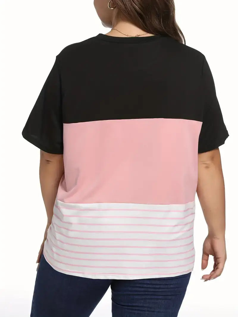 Plus Size Casual T-shirt, Women's Plus Colorblock T-Shirt