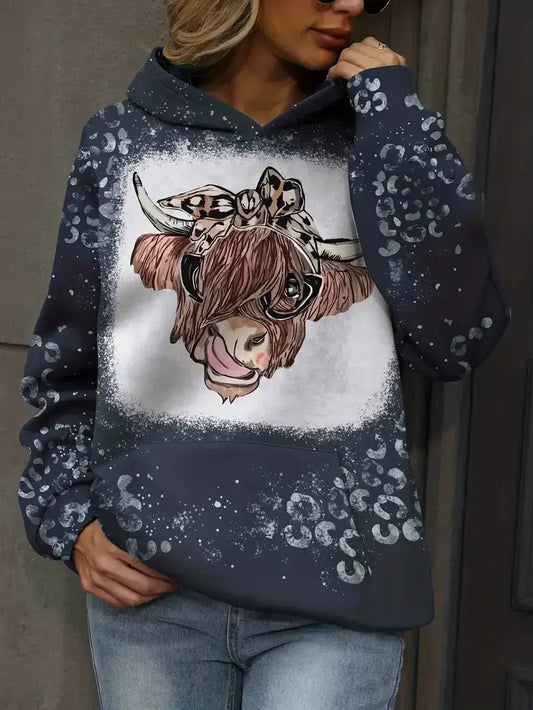 Plus Size Casual Sweatshirt, Women's Plus Funny Cow Head