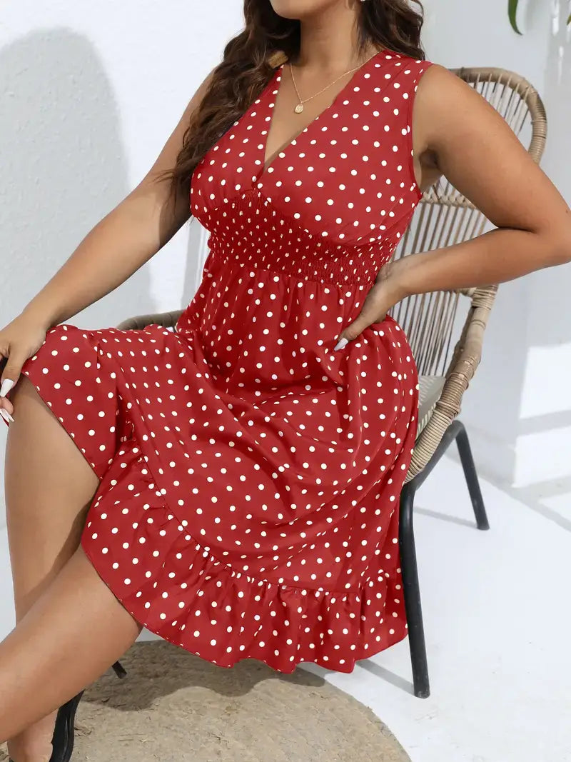 Plus Size Vacay Dress, Women's Plus Polka Dot Print V Neck