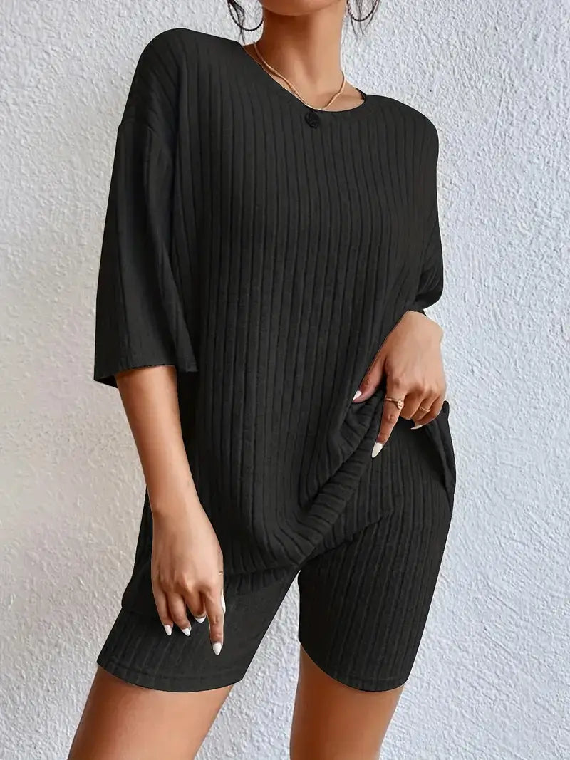 Plus Size Casual Outfits Set, Women's Plus Solid Ribbed Knit