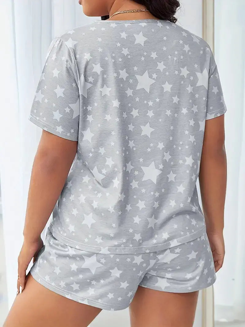 Plus Size Casual Pajama Two Piece Set, Star Print