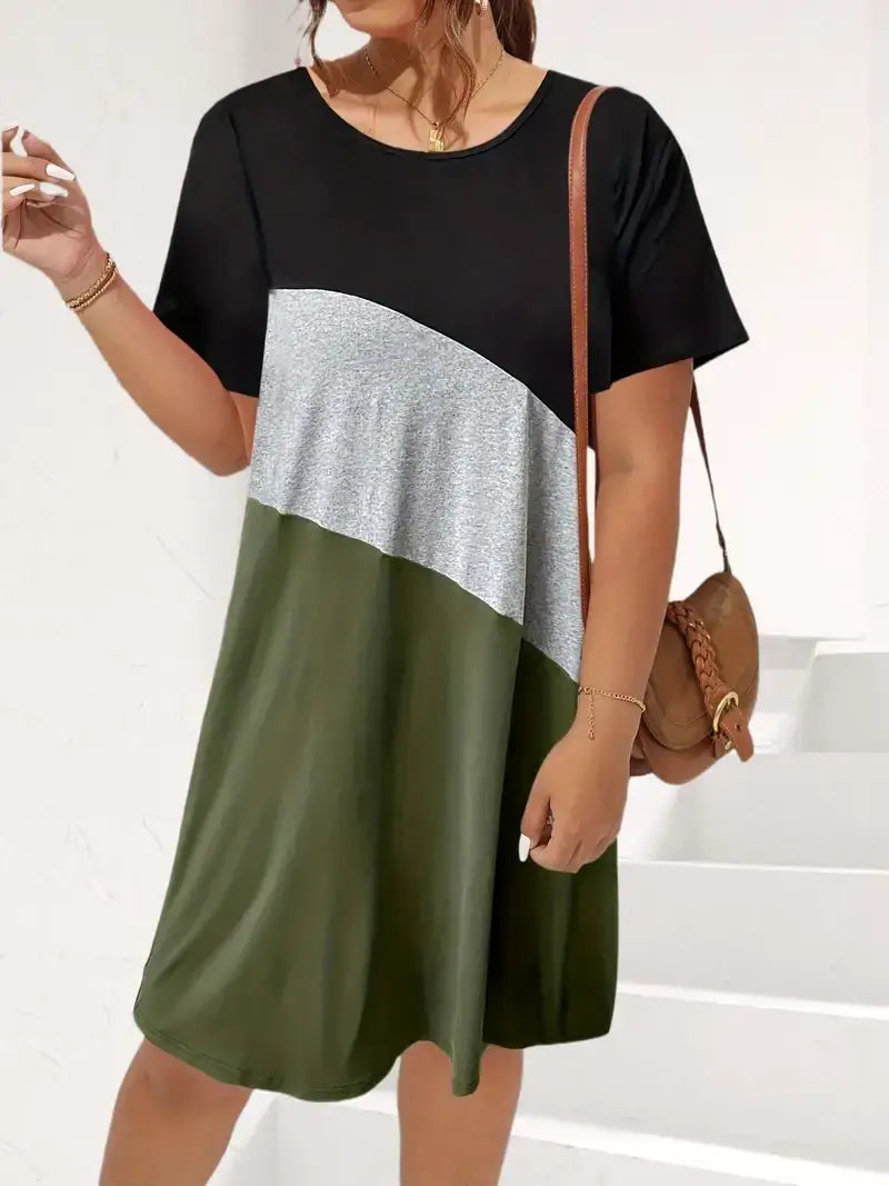 Plus Size Casual Dress, Women's Plus Colorblock Short Sleeve