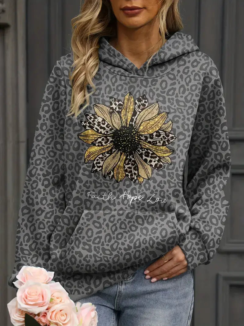 Plus Size Casual Sweatshirt,Women's Plus Leopard & Sunflower