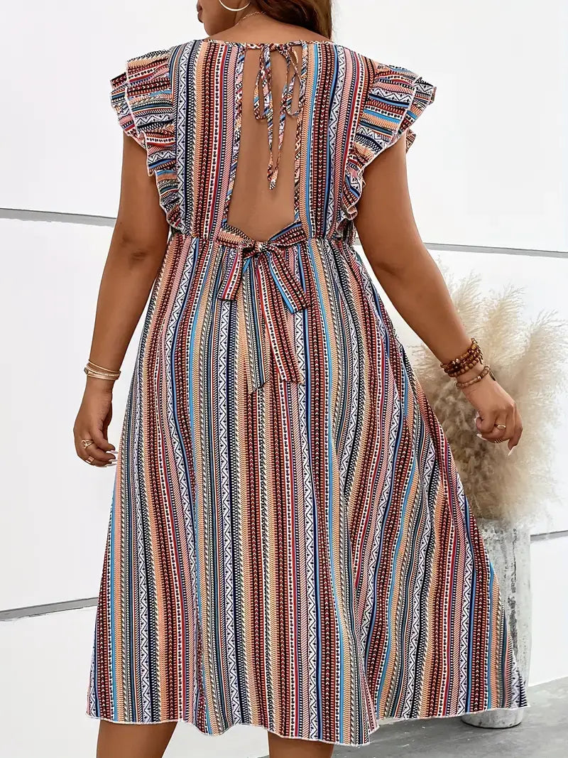 Plus Size Boho Dress, Women's Plus Aztec Print Layered