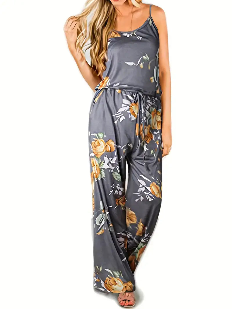 Plus Size Casual Cami Jumpsuit, Women's Plus Floral Print