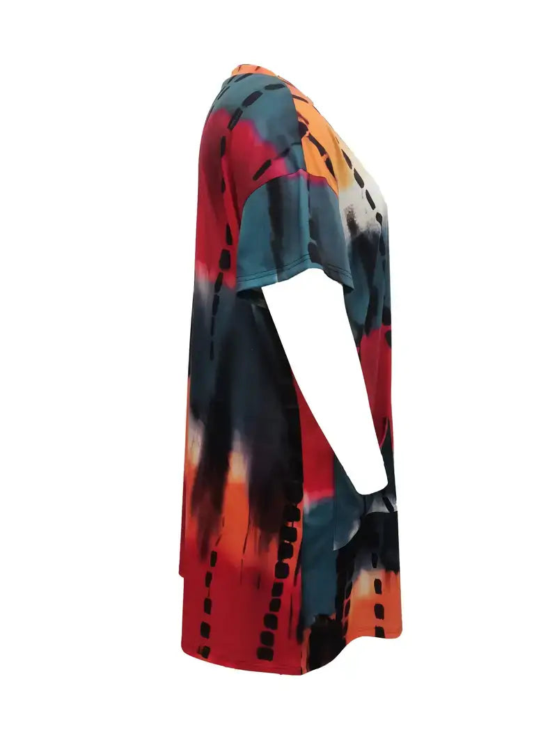 Plus Size Casual Dress, Women's Plus Tie Dye Ruched Dress