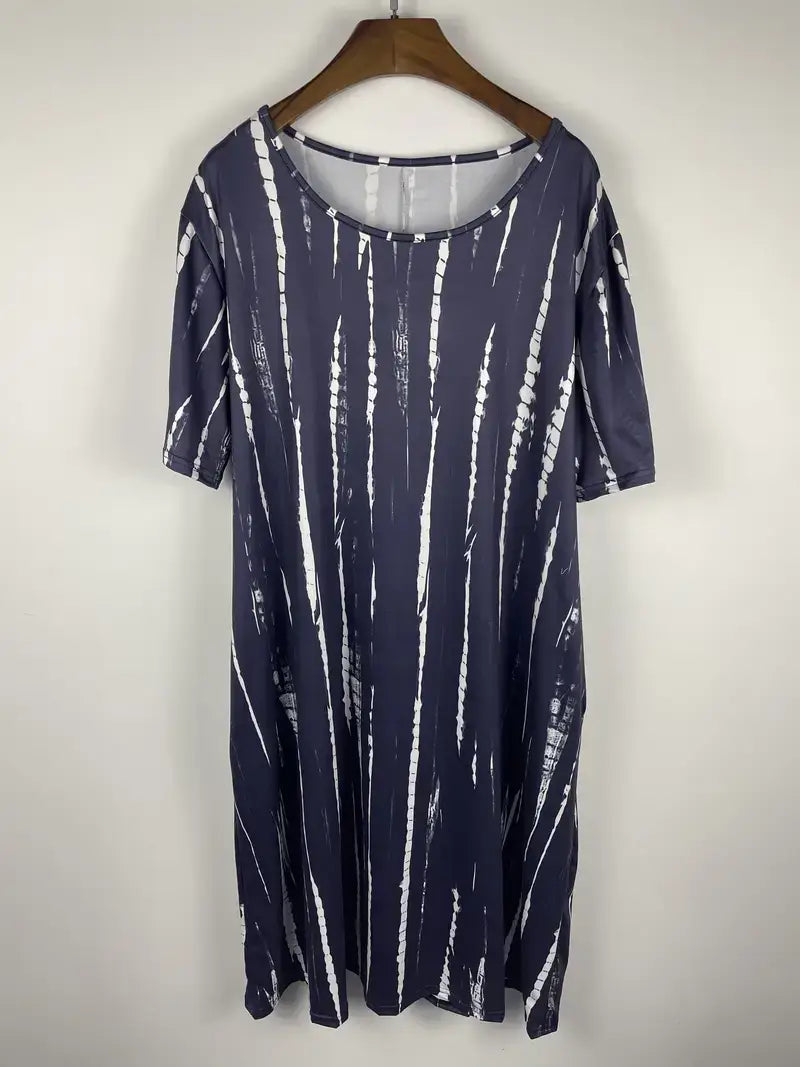 Plus Size Boho Dress, Women's Plus Strip Short Sleeve