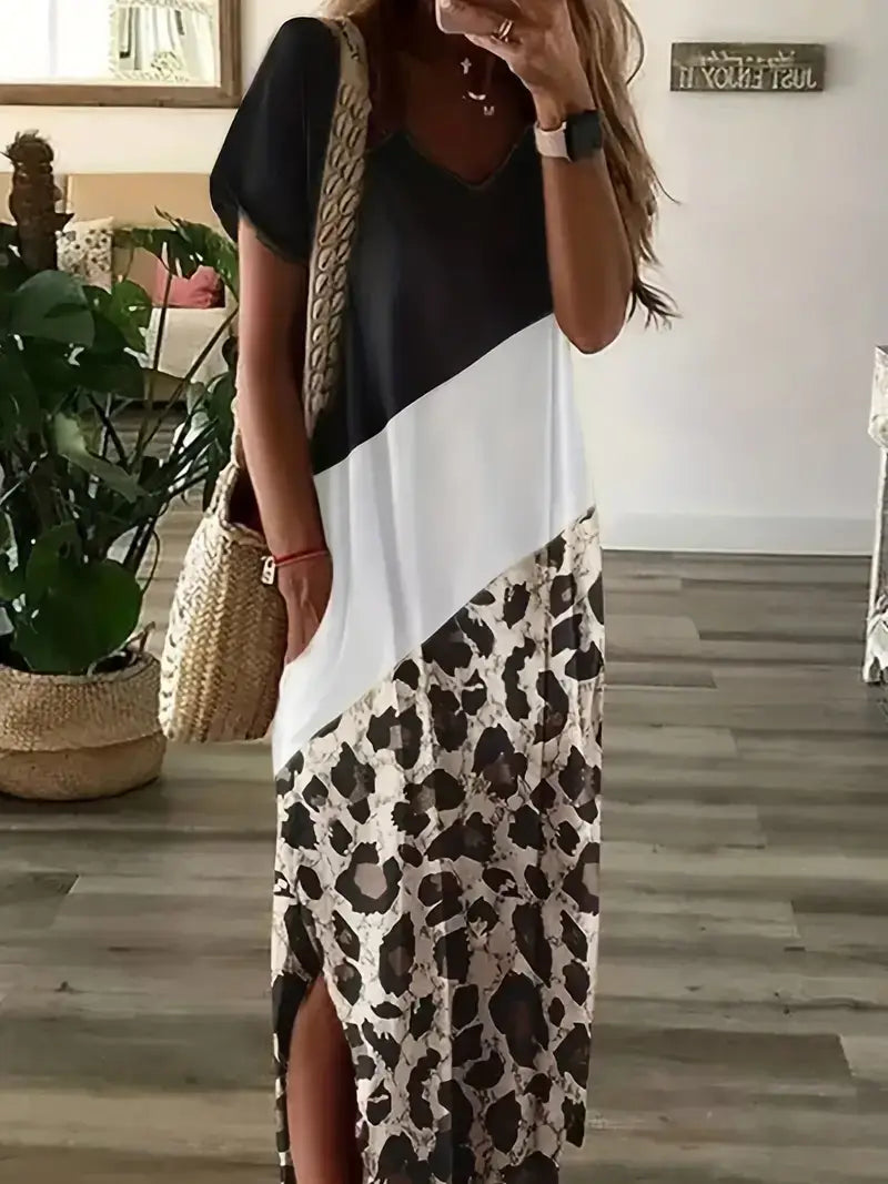 Plus Size Casual Dress,Women's Plus Colorblock Leopard Print