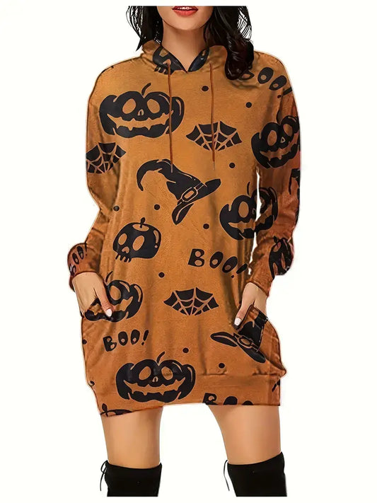 Plus Size Halloween Sweatshirt, Women's Plus Pumpkin & Skull