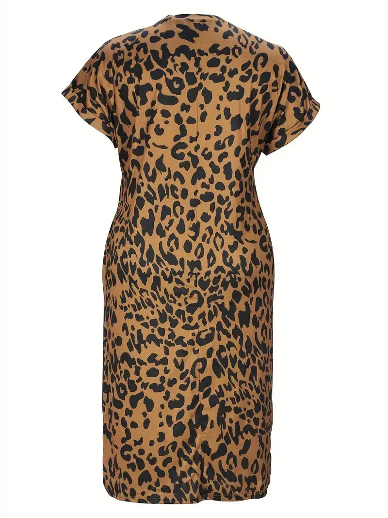 Plus Size Casual Dress, Women's Plus Leopard & Letter Print