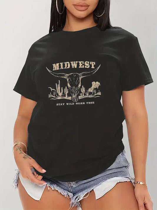 Plus Size Casual T-shirt, Women's Plus Western Cow Print