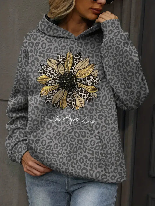 Plus Size Casual Sweatshirt,Women's Plus Leopard & Sunflower