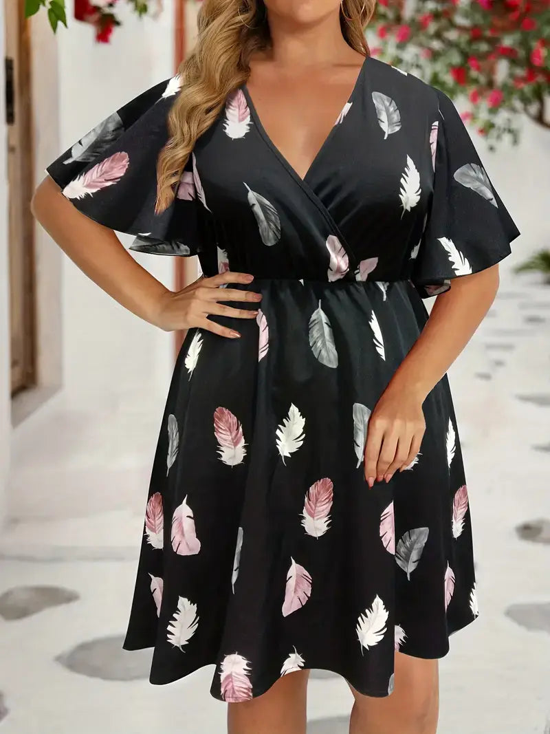 Plus Size Casual Dress, Women's Plus Feather Print