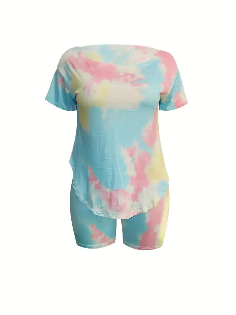 Plus Size Tie Dye Print Boat Collar Tops & Skinny Shorts Set