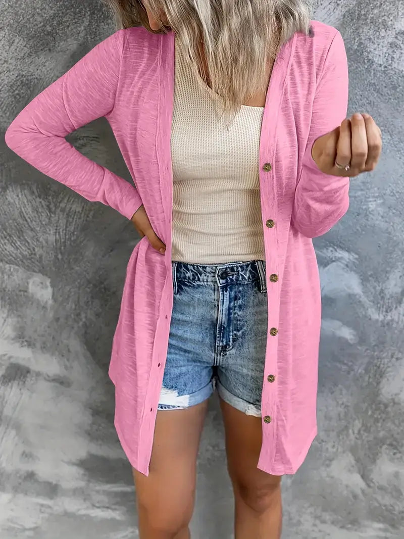 Plus Size Casual Cardigan, Women's Plus Solid Round Neck