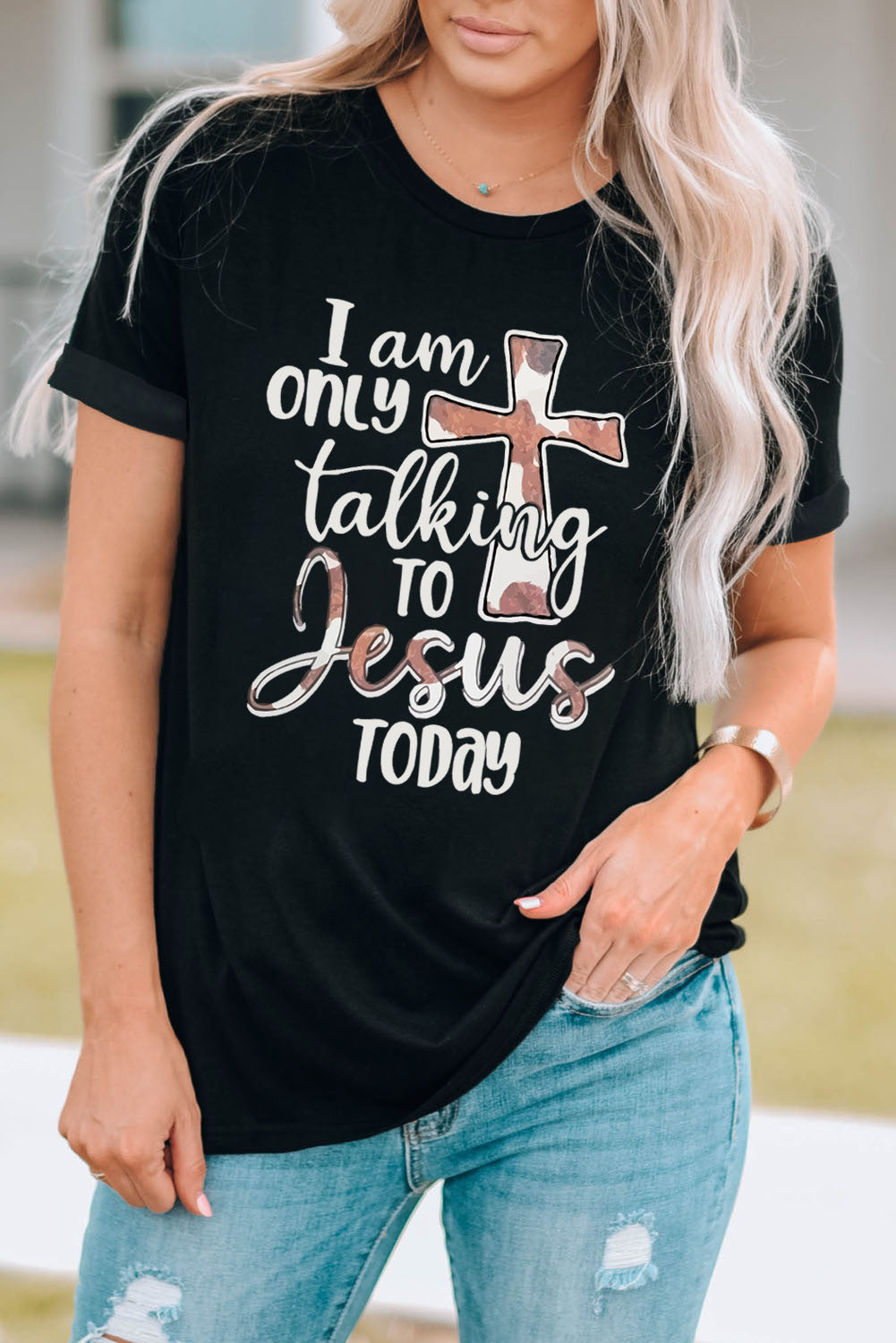 Slogan Graphic Round Neck Cuffed Tee