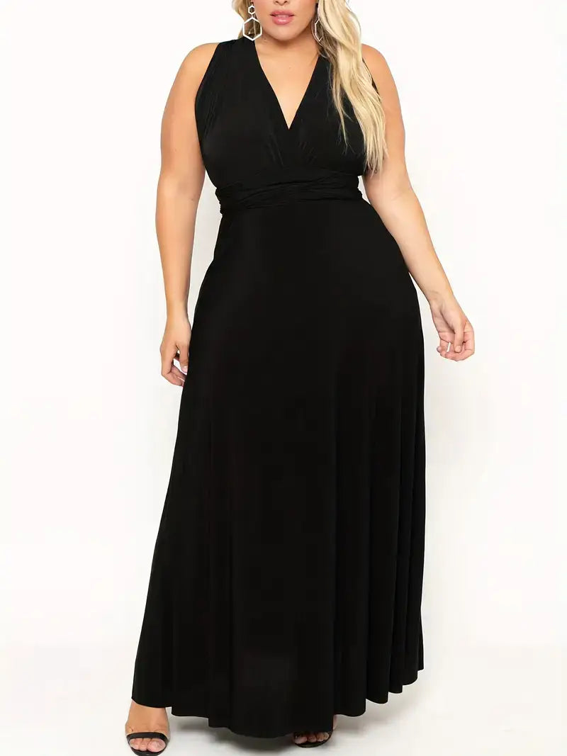 Plus Size Elegant Party Dress, Women's Plus Solid Multi Tie