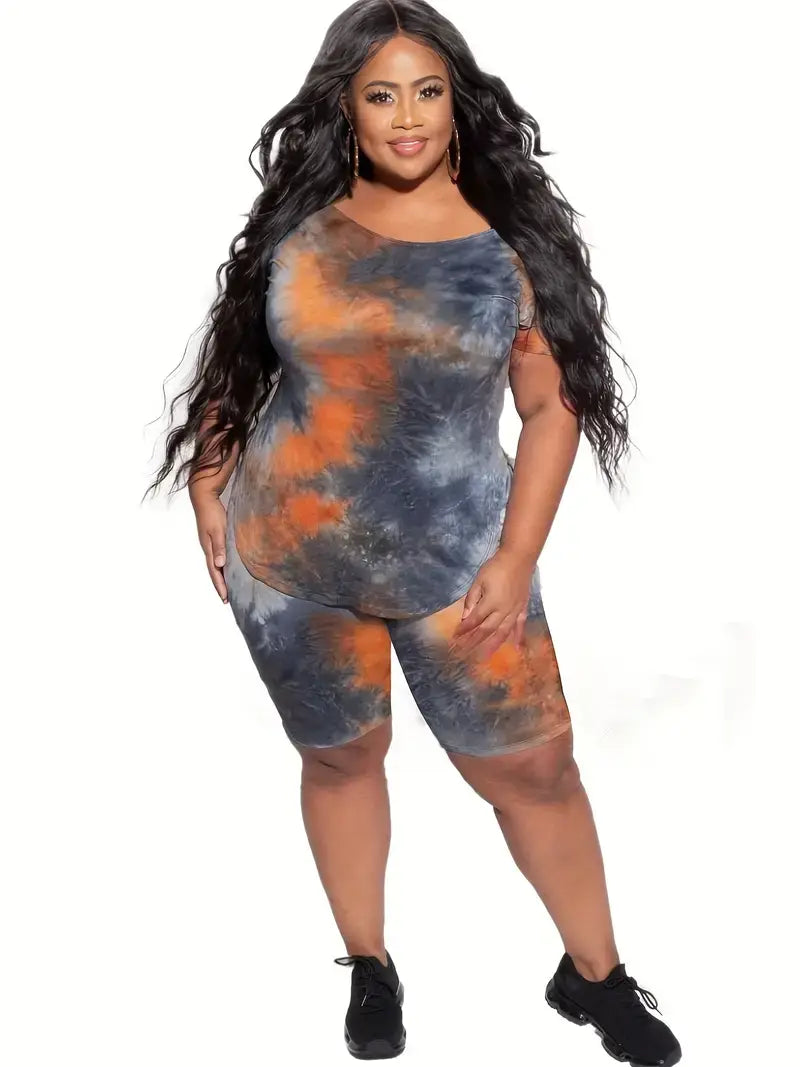 Plus Size Tie Dye Print Boat Collar Tops & Skinny Shorts Set