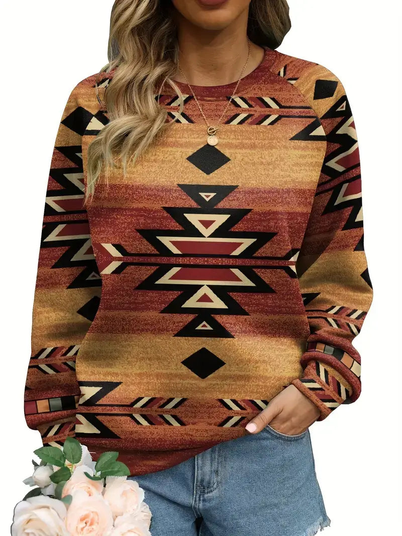 Plus Size Boho Sweatshirt, Women's Plus Aztec Print