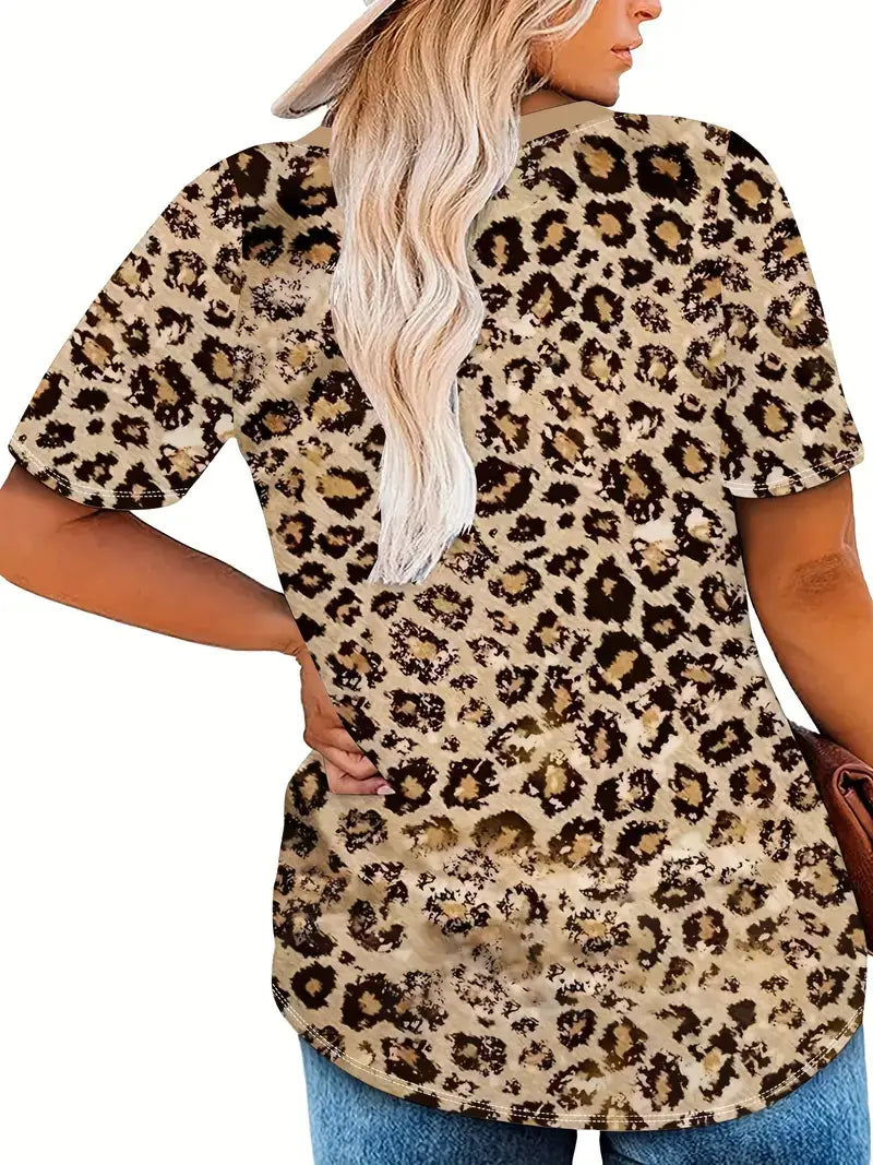 Plus Size Western T-shirt, Women's Plus Leopard Letter Print