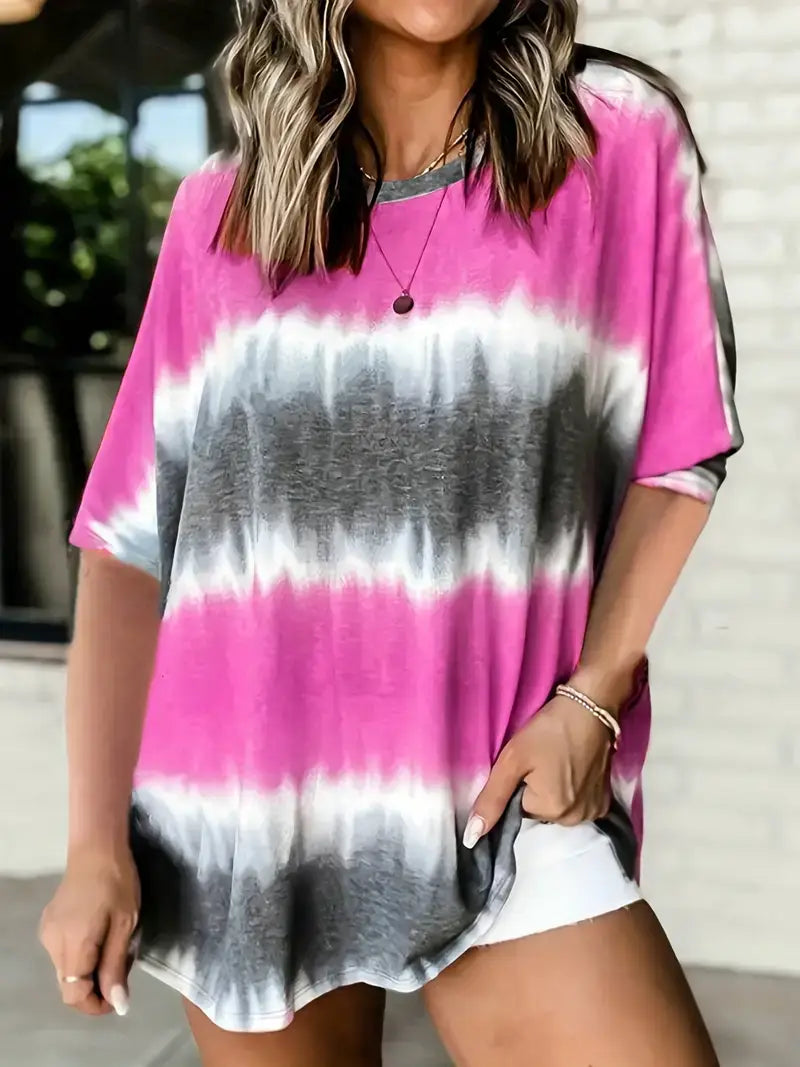 Plus Size Casual T-shirt, Women's Plus Tie Dye Short Sleeve