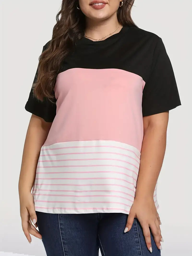 Plus Size Casual T-shirt, Women's Plus Colorblock T-Shirt