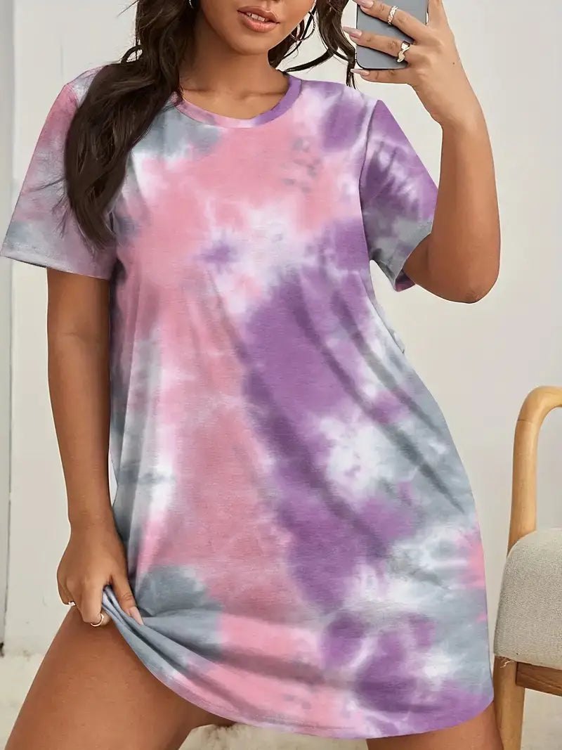 Plus Size Casual Nightdress, Women's Plus Tie Dye