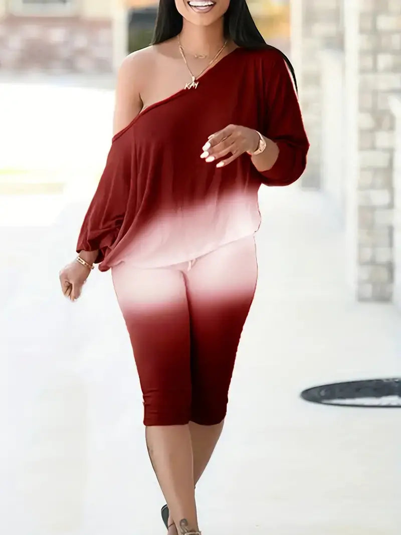 Plus Size Sports Outfits Set, Women's Plus Ombre Print