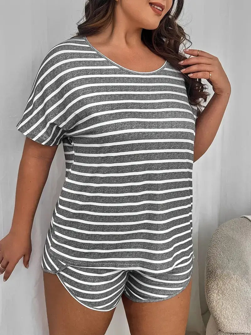 Plus Size Outfits Two Piece Set, Women's Plus Stripe Print