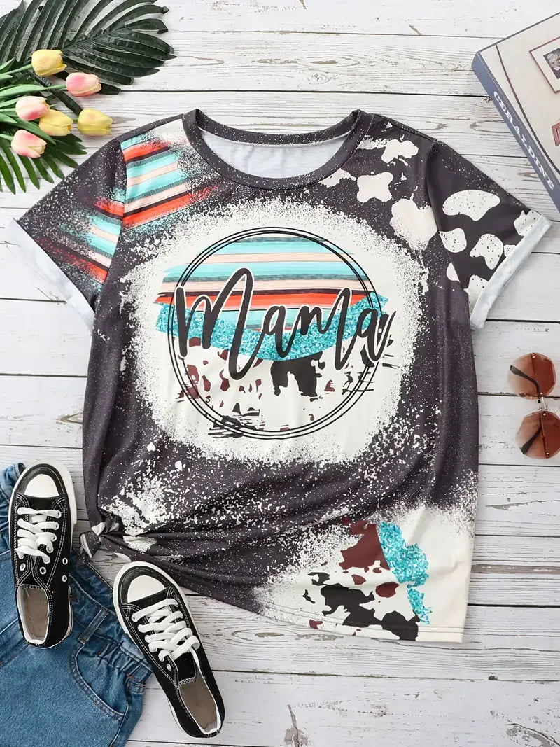 Plus Size Casual T-shirt, Women's Plus Letter & Circle Print