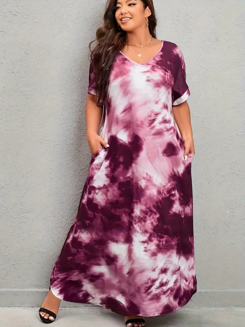 Plus Size Casual Dress, Women's Plus Tie Dye Short Sleeve